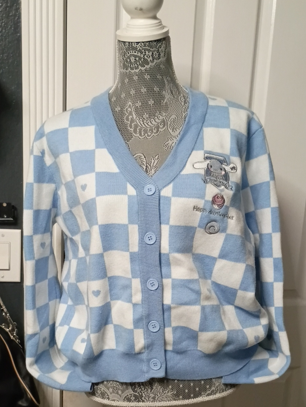Sanrio Light Blue and White Checkered Button Cardigan